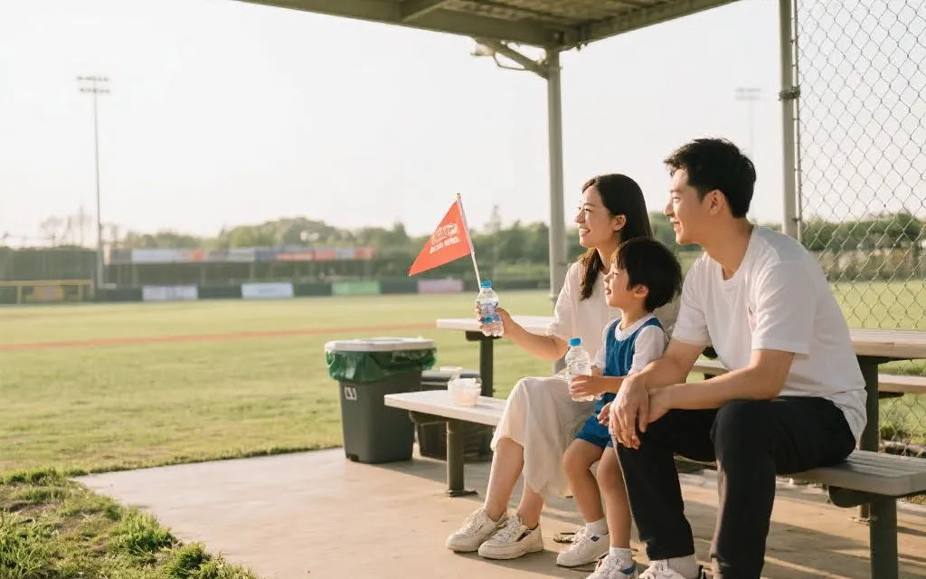 家庭在球场外休息区补水与整理物品，舒适观赛氛围